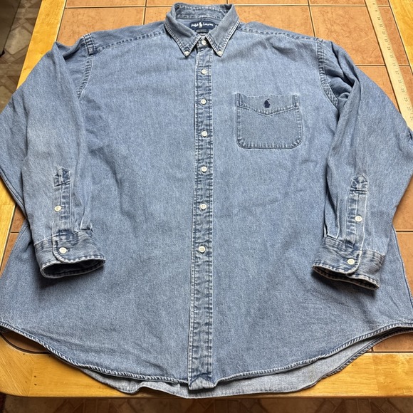Vintage 90s Polo Ralph Lauren Men's Denim Button Up Sz XL Big Shirt Pony Logo - Picture 1 of 8